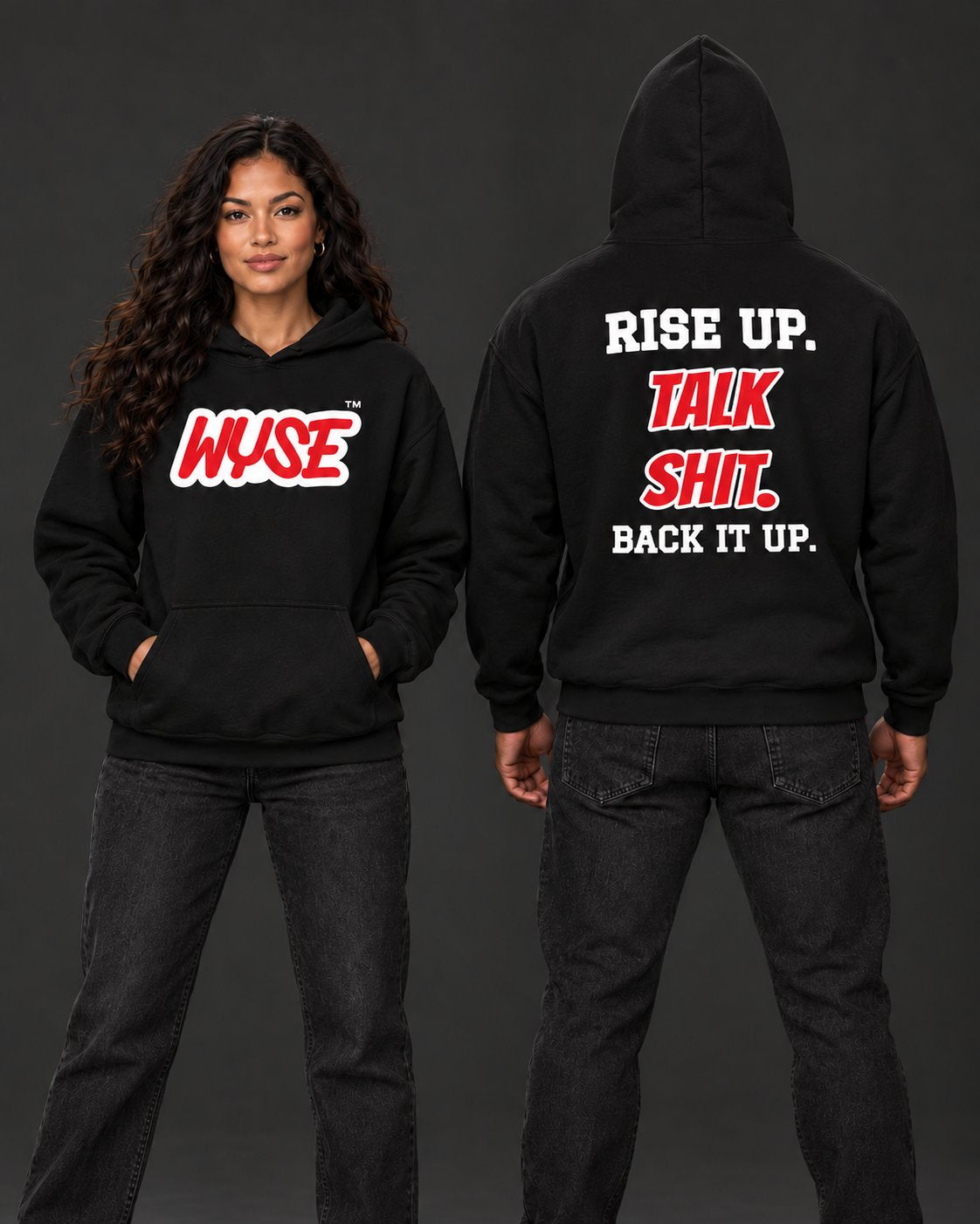 Atlanta Falcons Fan Hoodie, female front and athletic male fully back, hood up.