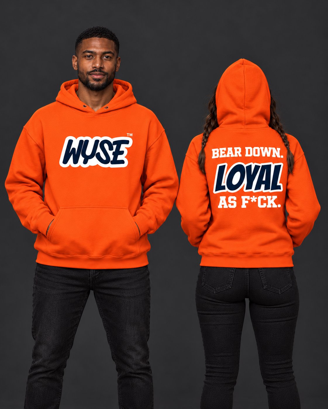 Orange Chicago Bears fan hoodie, athletic male front and female back.