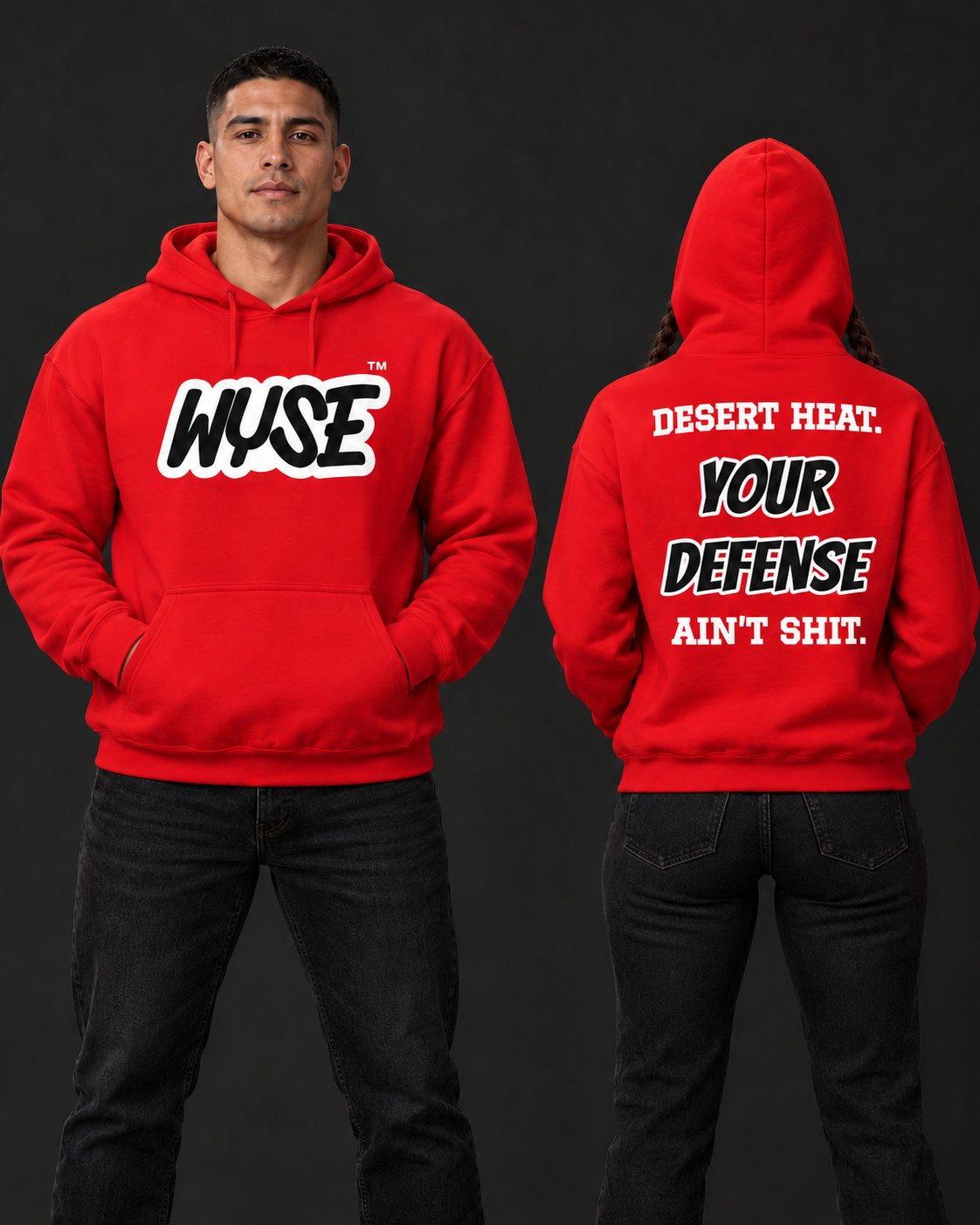 Arizona Cardinals Fan Hoodie, athletic male front and female fully back, hood up.