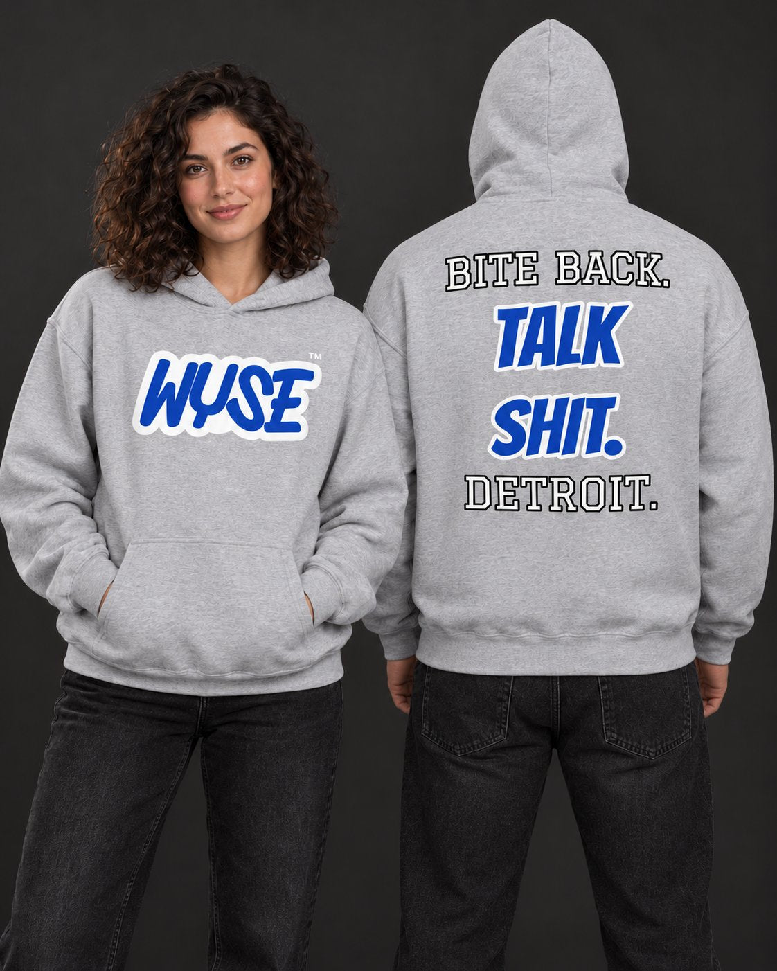 Detroit Lions Fan Hoodie, grey; female front and athletic male fully back, hood up.