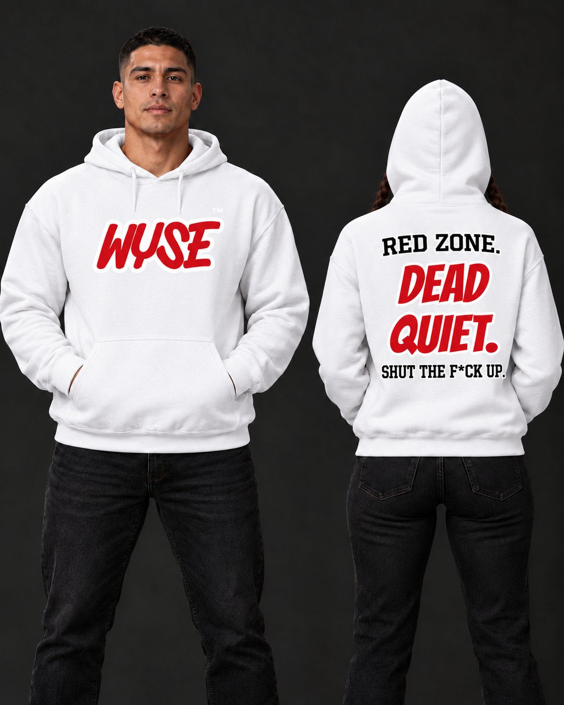 Arizona Cardinals Fan Hoodie, athletic male front and female fully back, hood up.