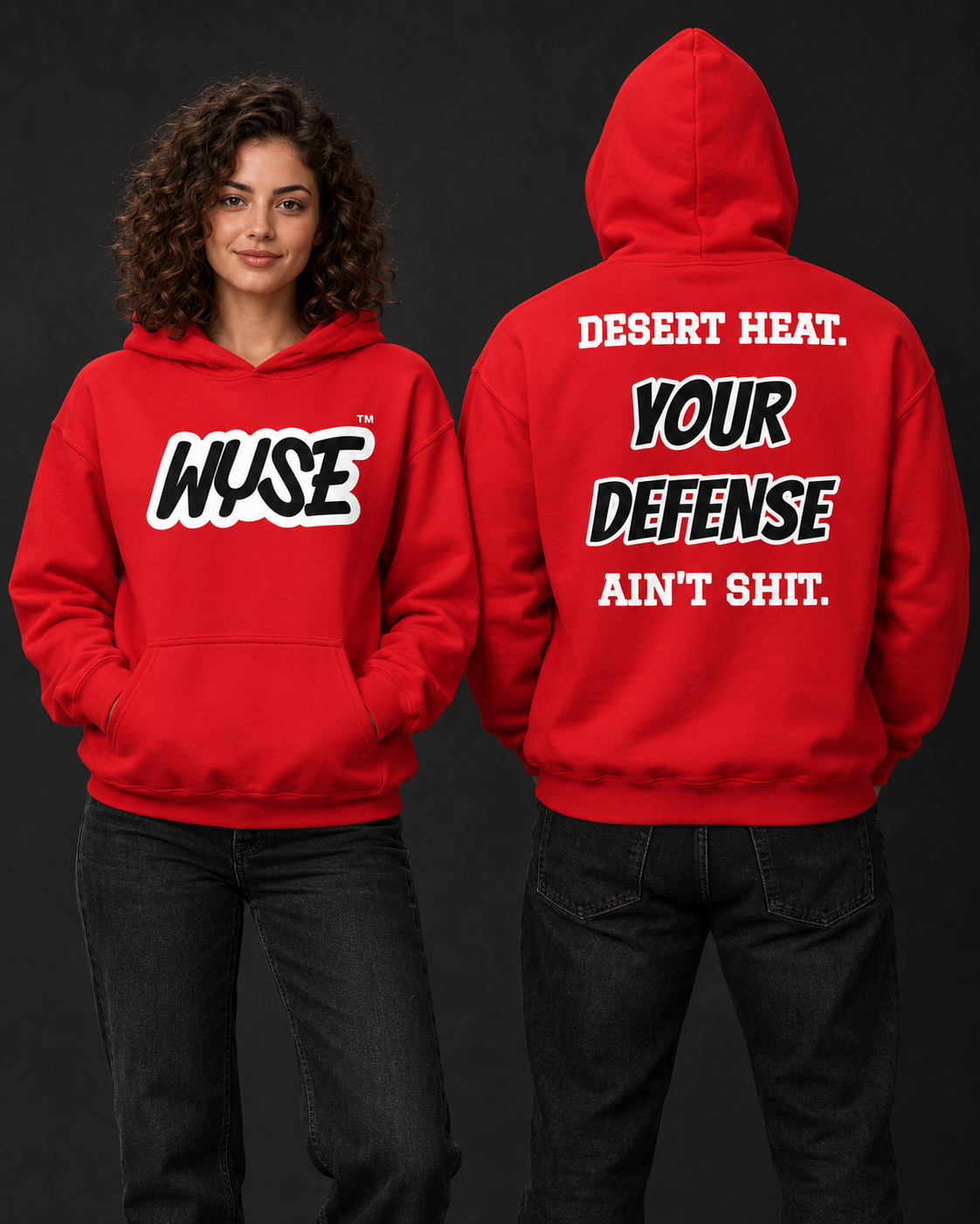 Arizona Cardinals fan hoodie in red, shown from the front and back with black WYSE chest artwork.