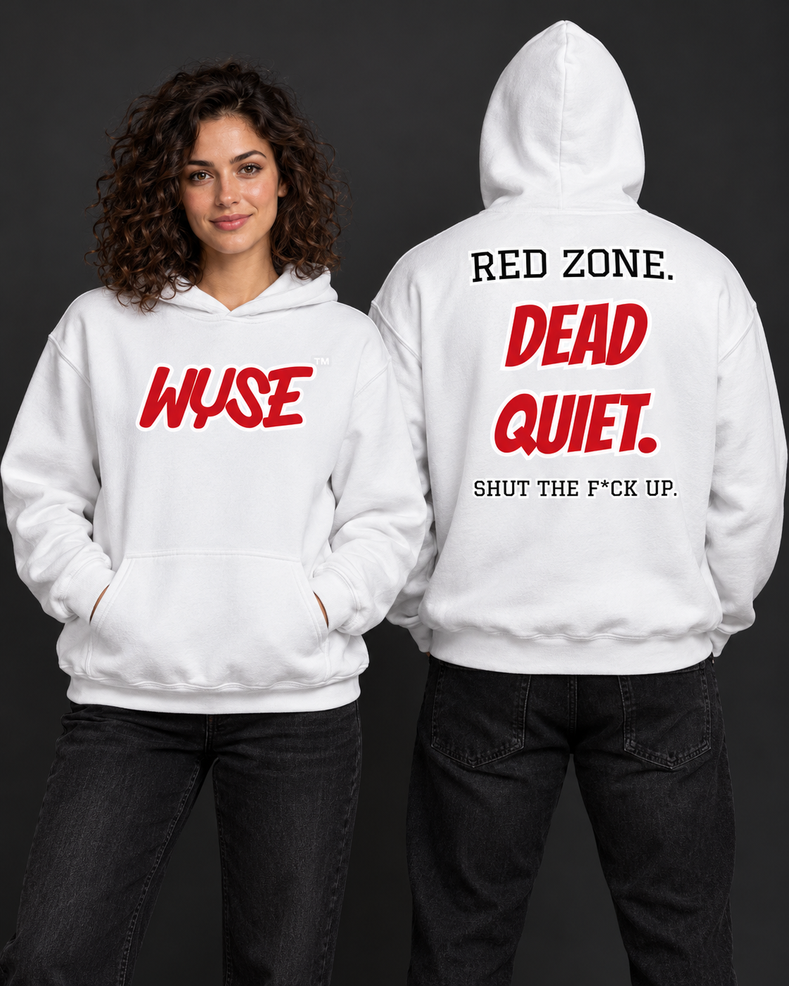 Arizona Cardinals fan hoodie in white, shown from the front and back with red WYSE chest artwork.