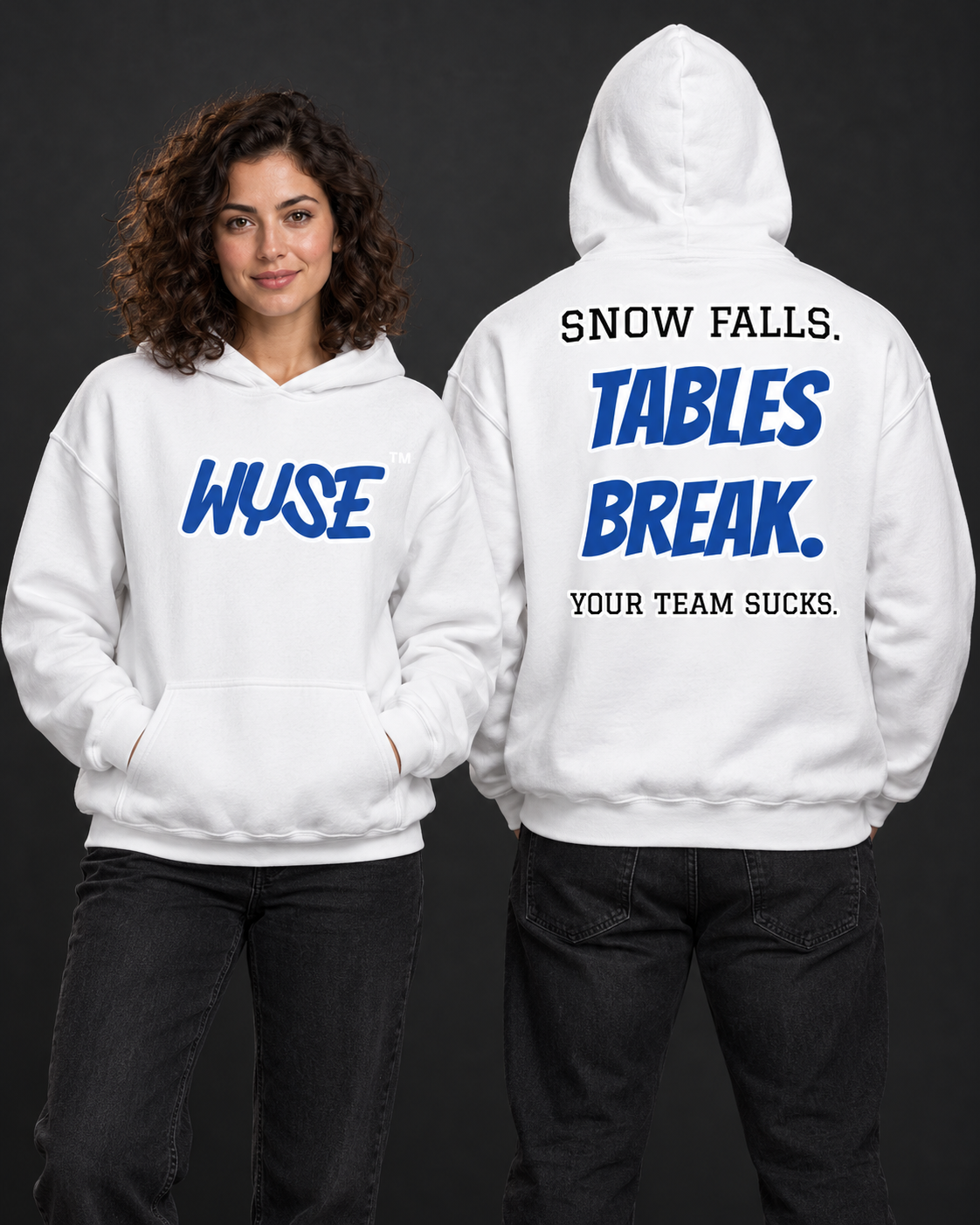 Buffalo Bills fan hoodie in white, shown from the front and back with royal WYSE chest artwork.