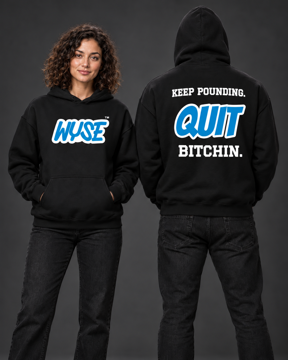 Carolina Panthers fan hoodie in black, shown from the front and back with Process Blue WYSE chest artwork.