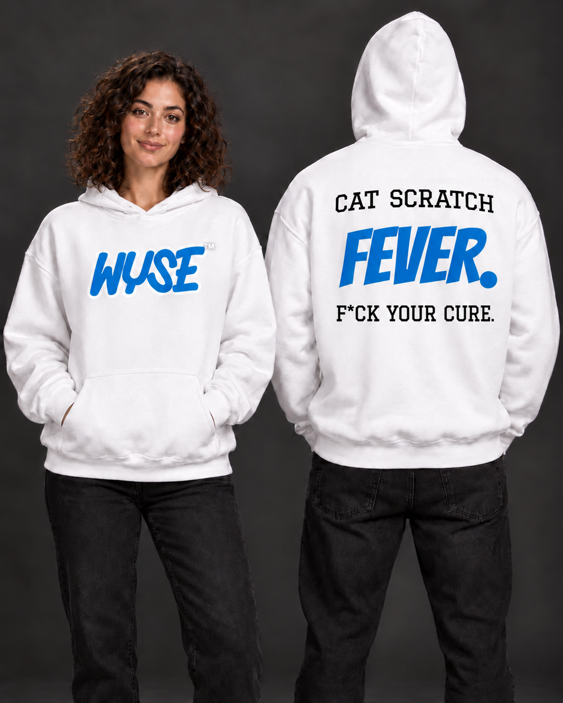 Carolina Panthers fan hoodie in white, shown from the front and back with Process Blue WYSE chest artwork.