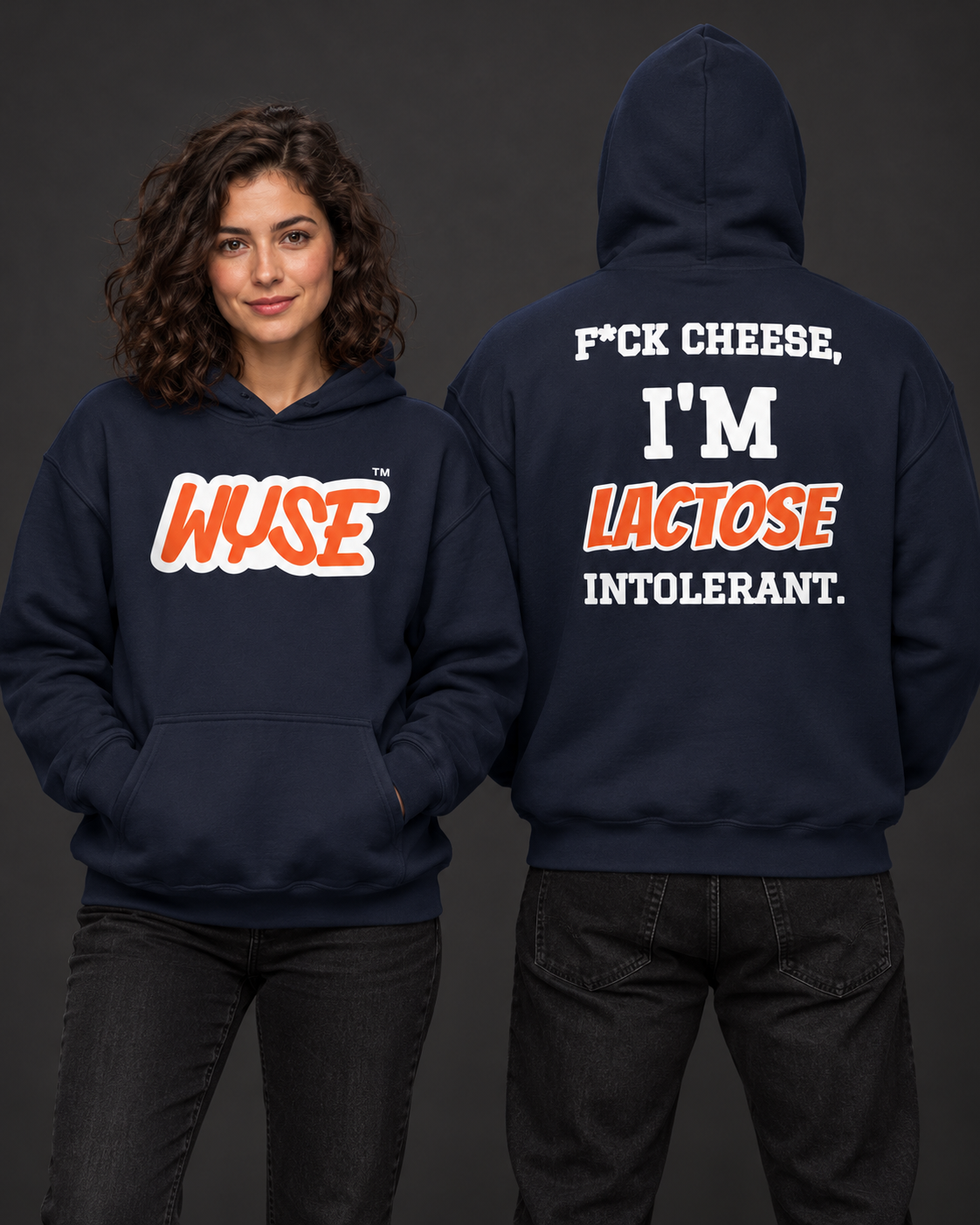 Chicago Bears fan hoodie in navy, shown from the front and back with orange WYSE chest artwork.