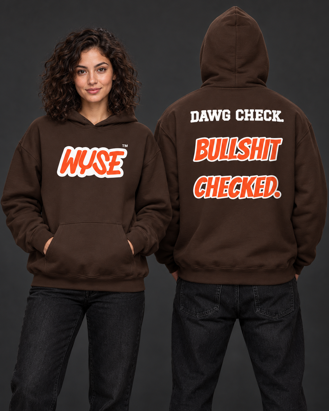 Cleveland Browns fan hoodie in dark chocolate, shown from the front and back with orange WYSE chest artwork.
