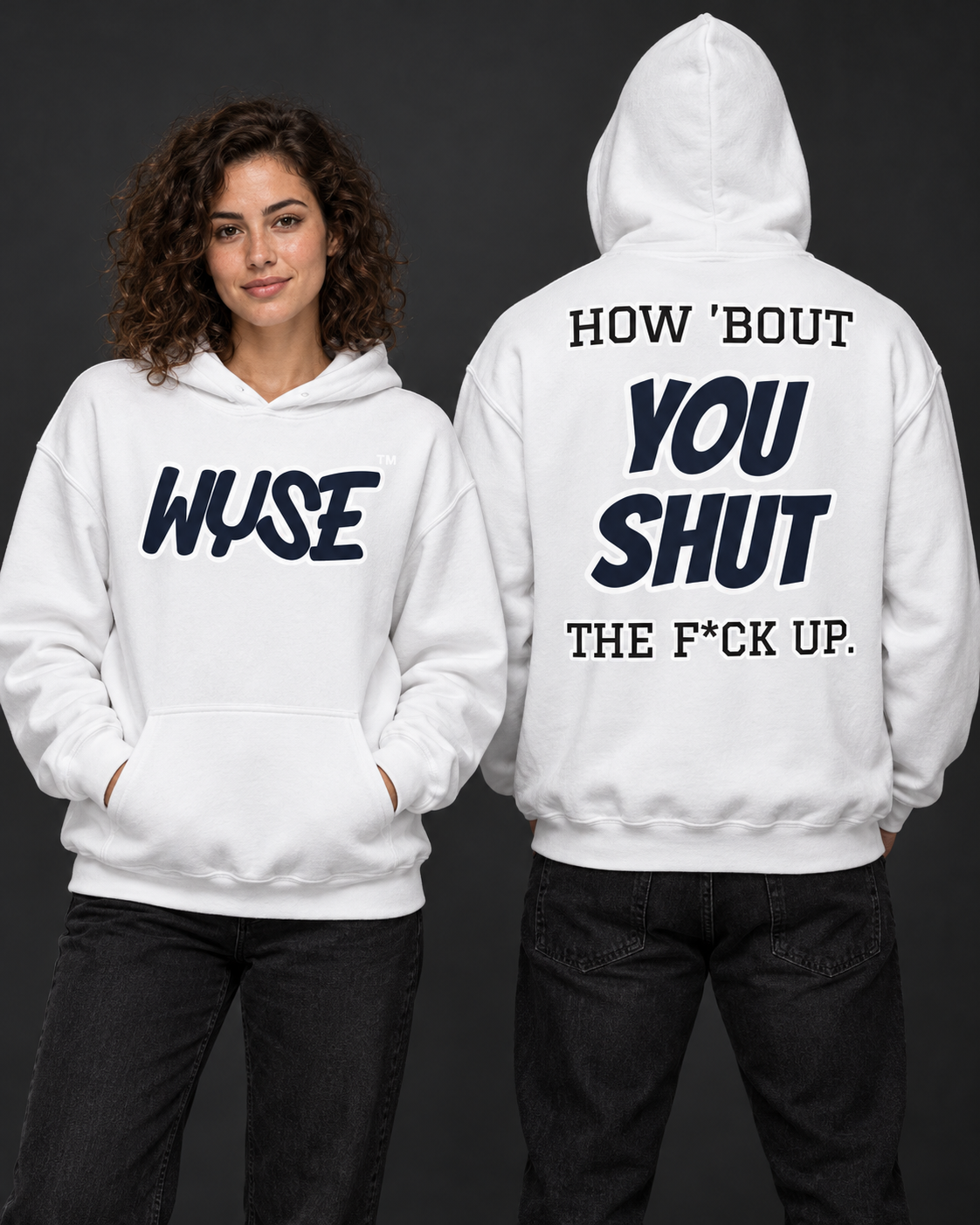 Dallas Cowboys fan hoodie in white, shown from the front and back with navy WYSE chest artwork.