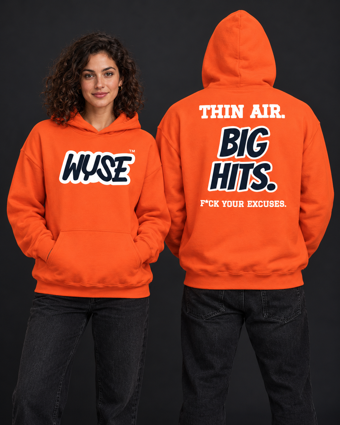 Denver Broncos fan hoodie in orange, shown from the front and back with navy WYSE chest artwork.