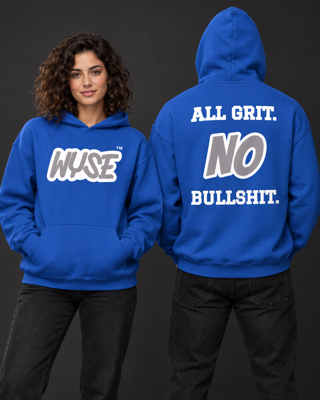 Detroit Lions fan hoodie in royal, shown from the front and back with sport grey WYSE chest artwork.