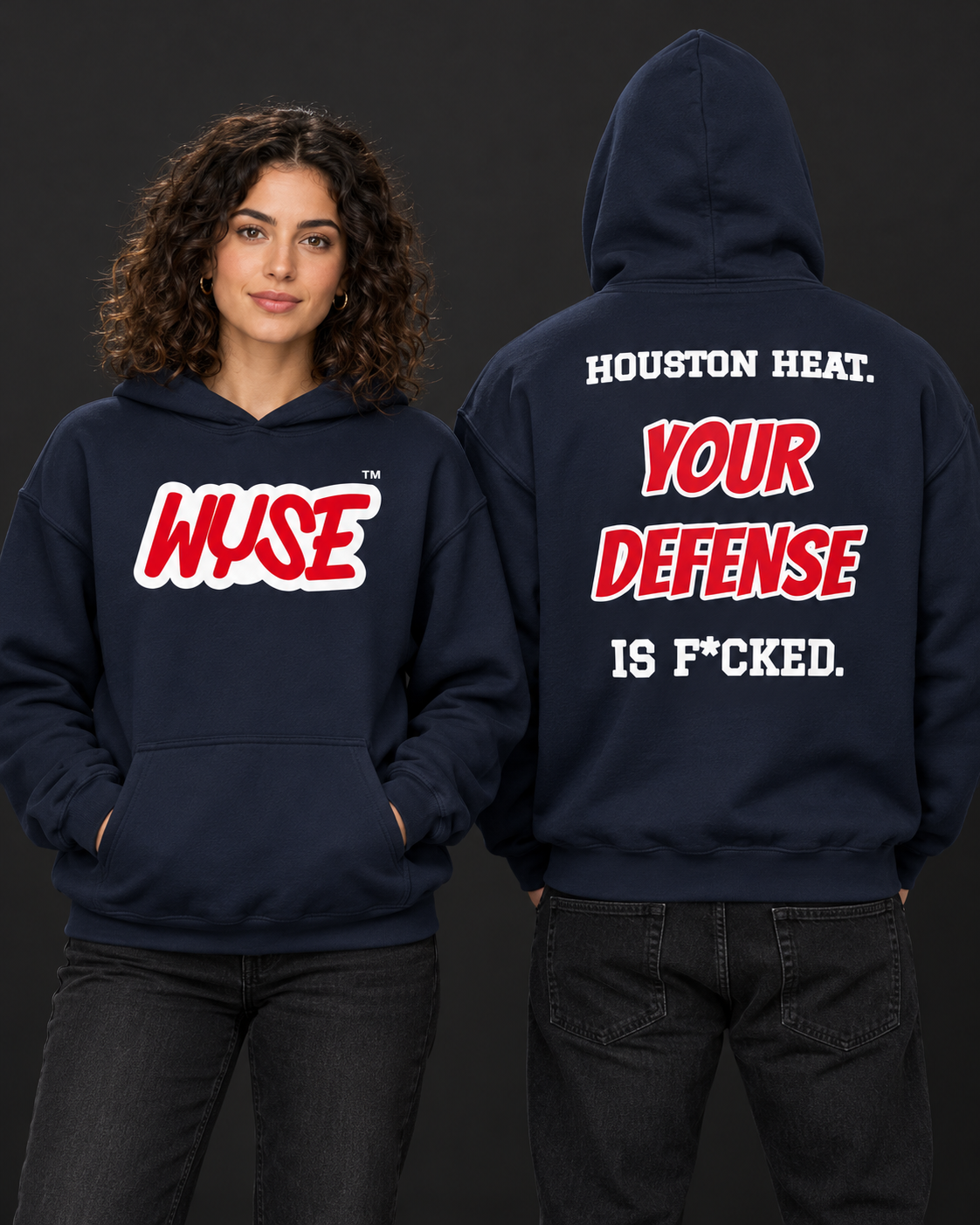 Houston Texans fan hoodie in navy, shown from the front and back with red WYSE chest artwork.
