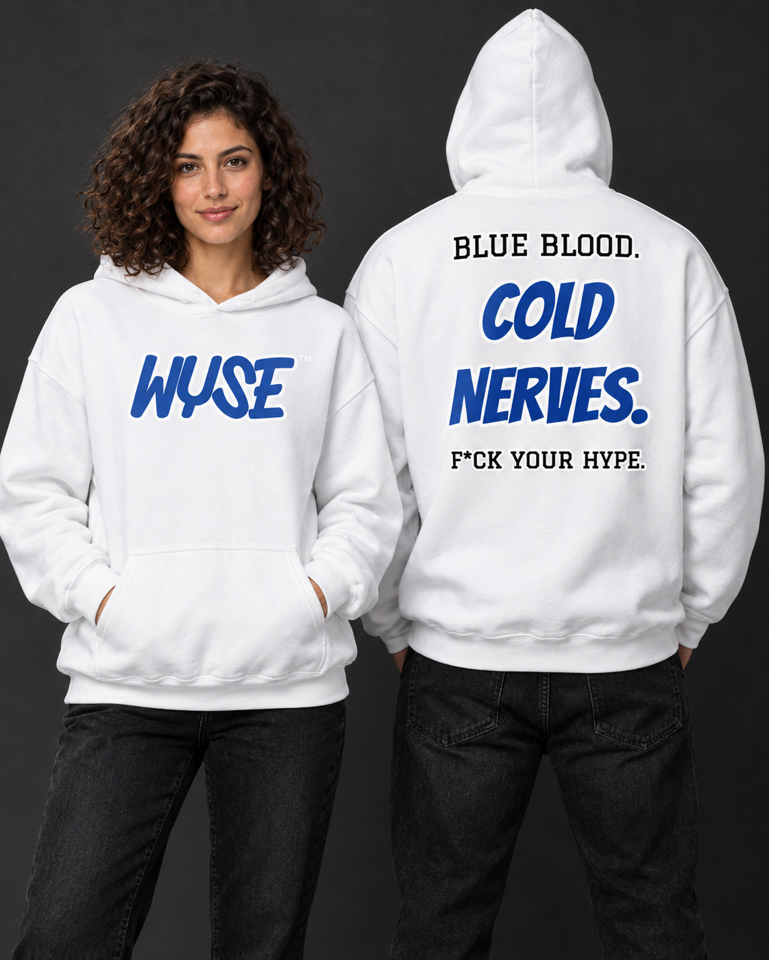 Indianapolis Colts fan hoodie in white, shown from the front and back with royal WYSE chest artwork.