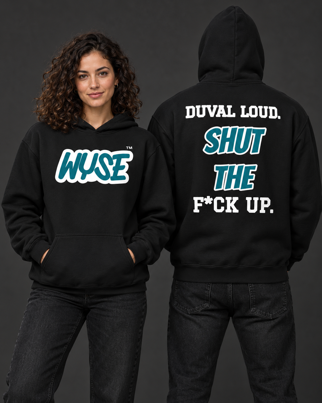Jacksonville Jaguars fan hoodie in black, shown from the front and back with teal WYSE chest artwork.
