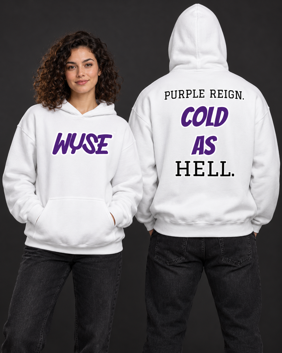 Minnesota Vikings fan hoodie in white, shown from the front and back with purple WYSE chest artwork.