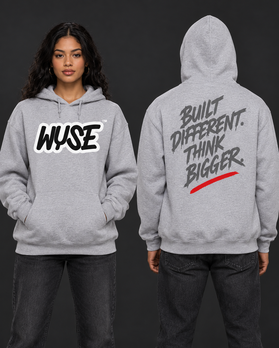 WYSE Built Different Monochrome Hoodie in Sport Grey — front and back shown on female and male models in a neutral studio