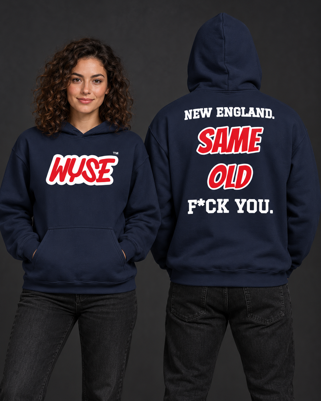 New England Patriots fan hoodie in navy, shown from the front and back with red WYSE chest artwork.