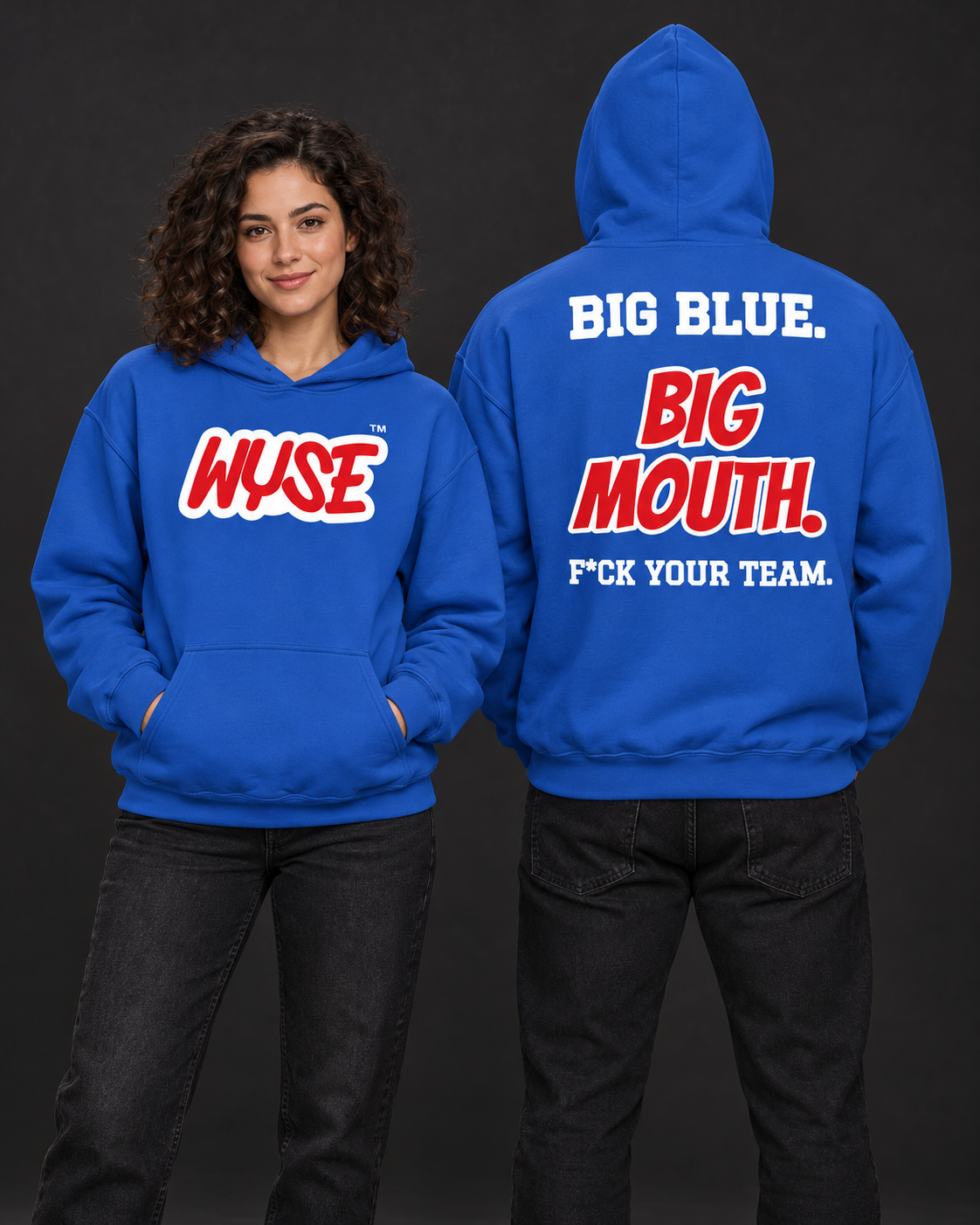 New York Giants fan hoodie in royal, shown from the front and back with red WYSE chest artwork.
