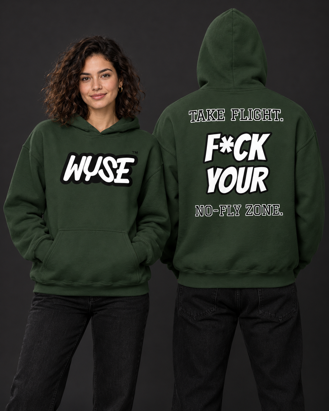 New York Jets fan hoodie in forest green, shown from the front and back with white WYSE chest artwork.