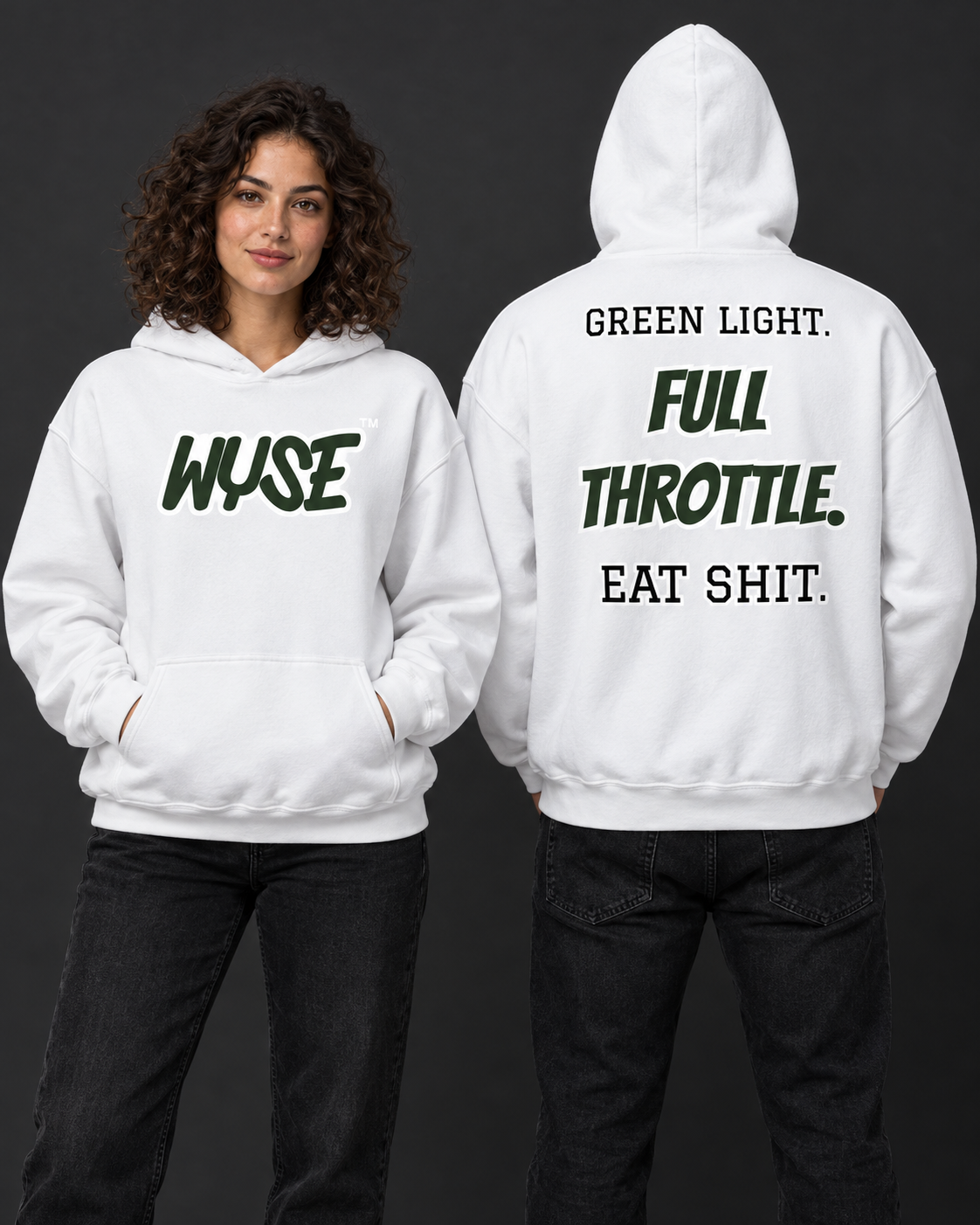 New York Jets fan hoodie in white, shown from the front and back with forest green WYSE chest artwork.