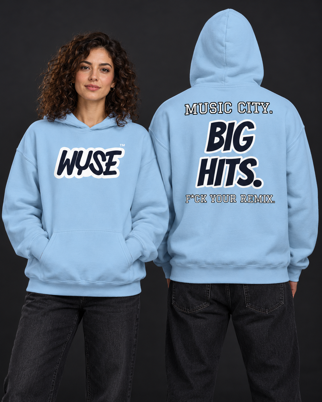 Tennessee Titans fan hoodie in light blue, shown from the front and back with navy WYSE chest artwork.