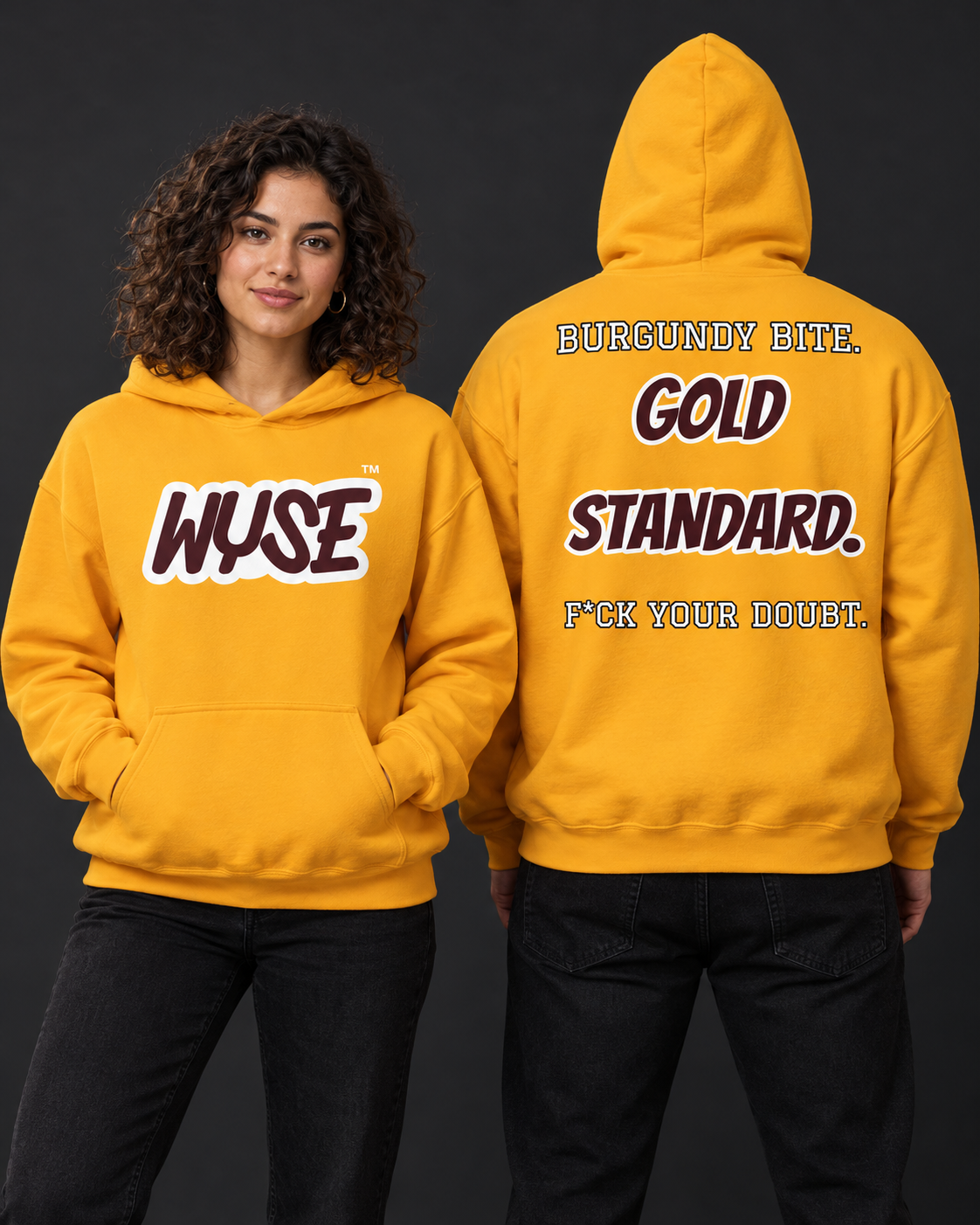 Washington Commanders fan hoodie in gold, shown from the front and back with maroon WYSE chest artwork.