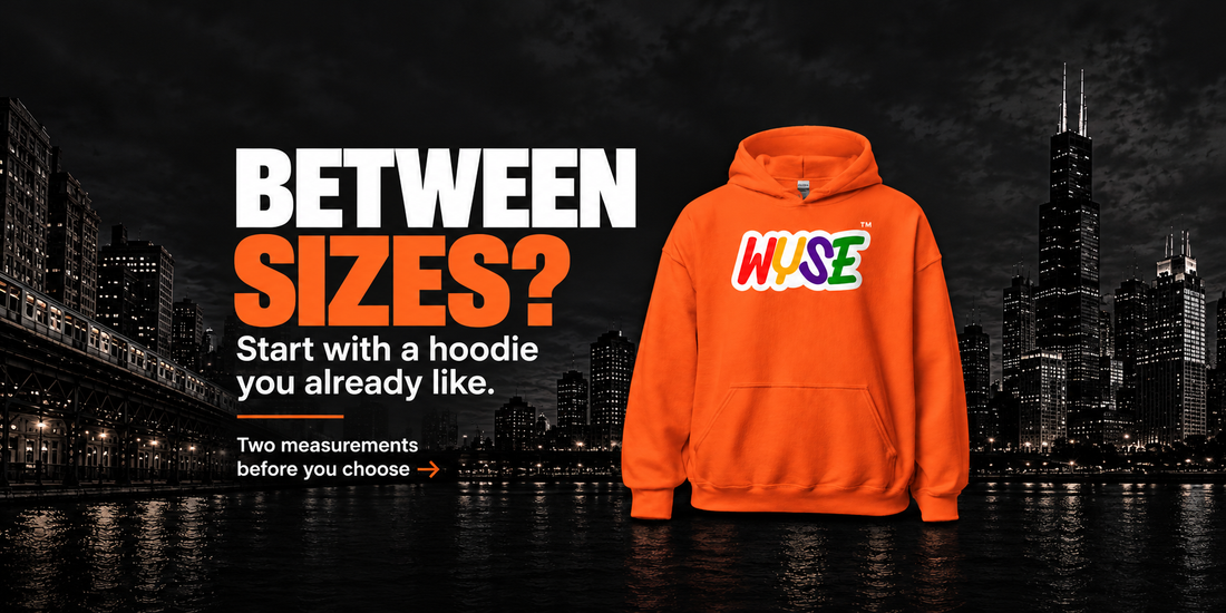 AI-created WYSE hoodie fit-guide illustration with an orange graphic hoodie and guidance to compare garment measurements.
