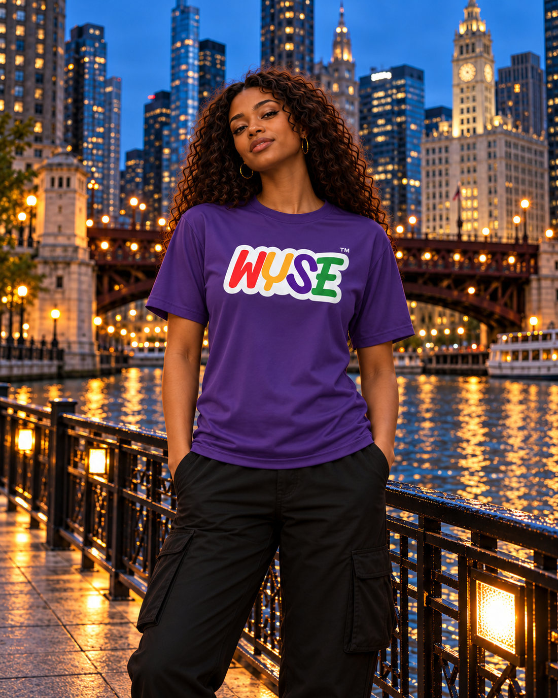 AI-created styling concept: purple WYSE Built Different Performance Tee with black cargo pants beside the Chicago River.