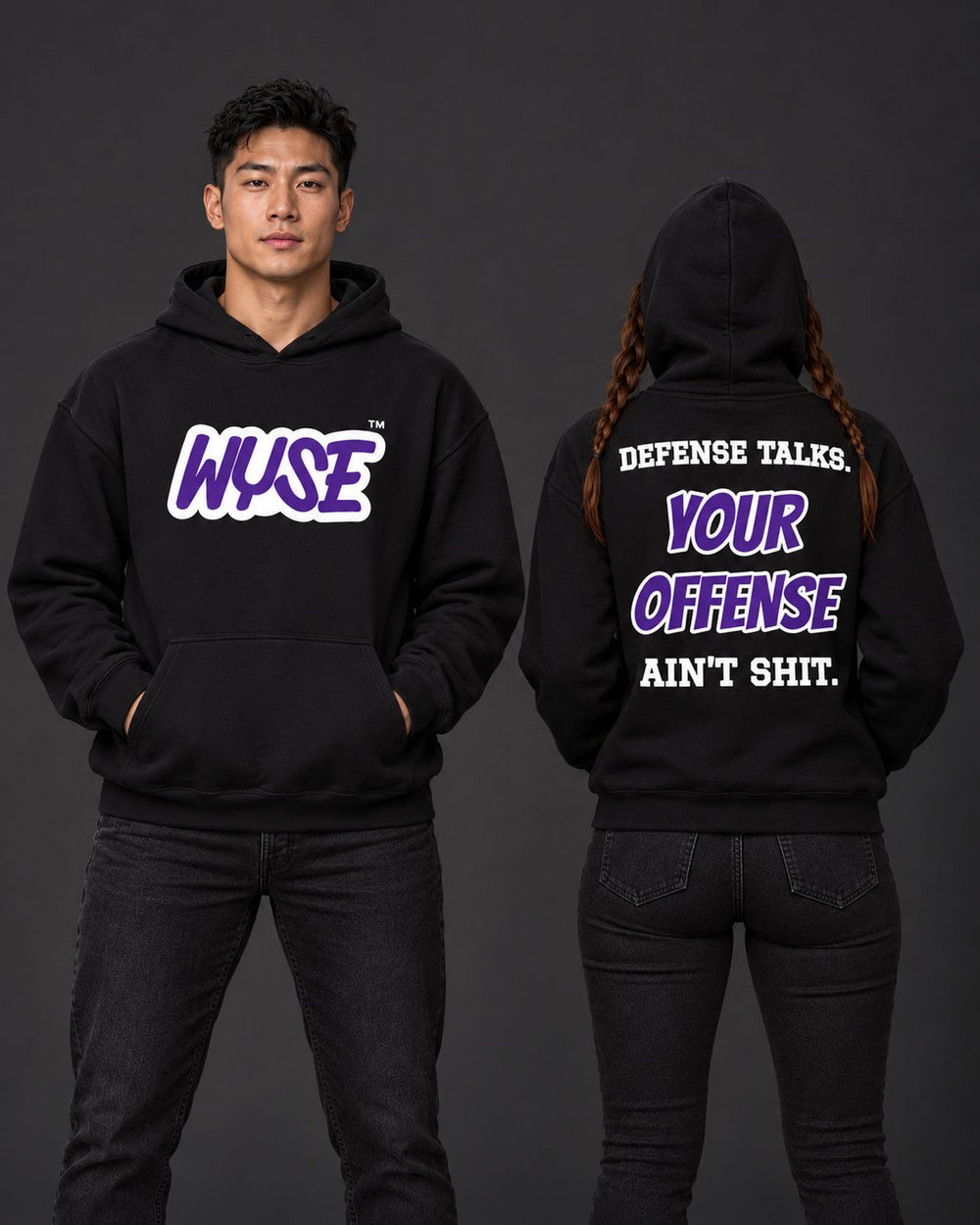 Baltimore Ravens Fan Hoodie, athletic male front and female fully back, hood up.