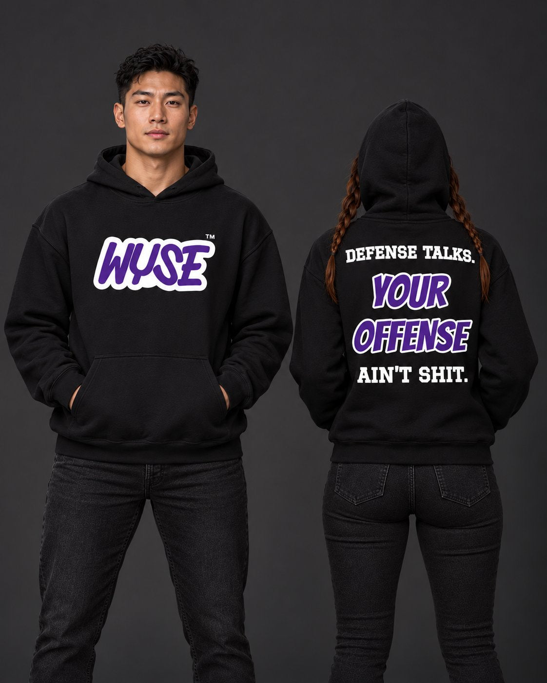 Baltimore Ravens Fan Hoodie, athletic male front and female fully back, hood up.