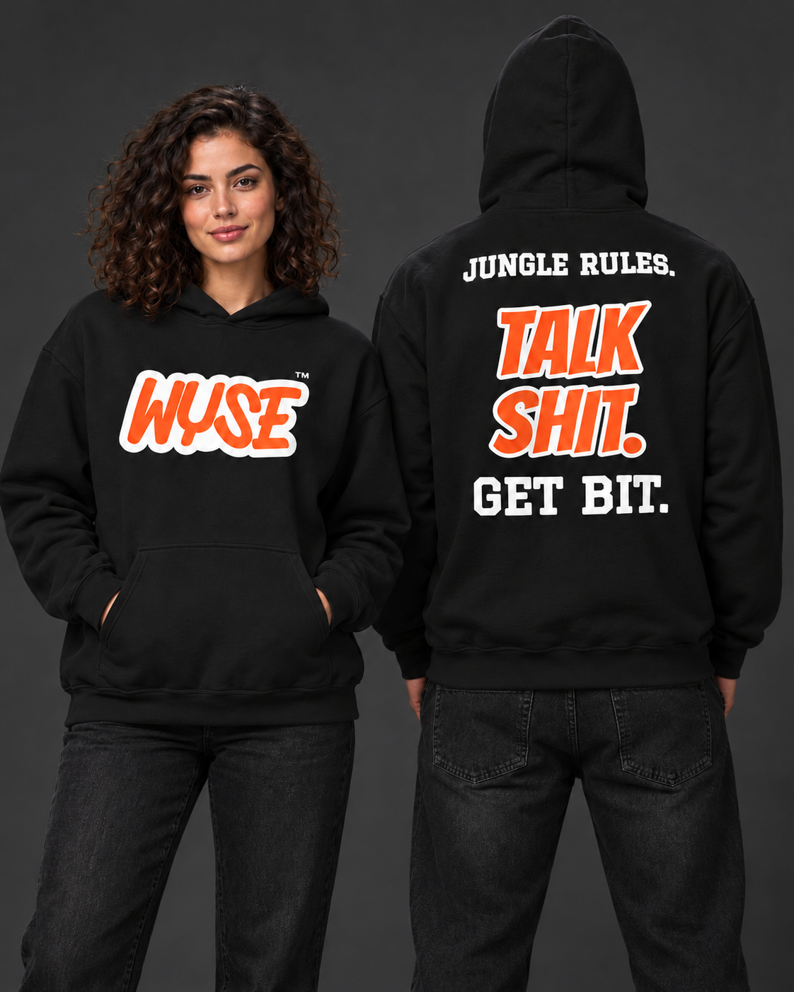Cincinnati Bengals Fan Hoodie, black; female front and athletic male fully back, hood up.