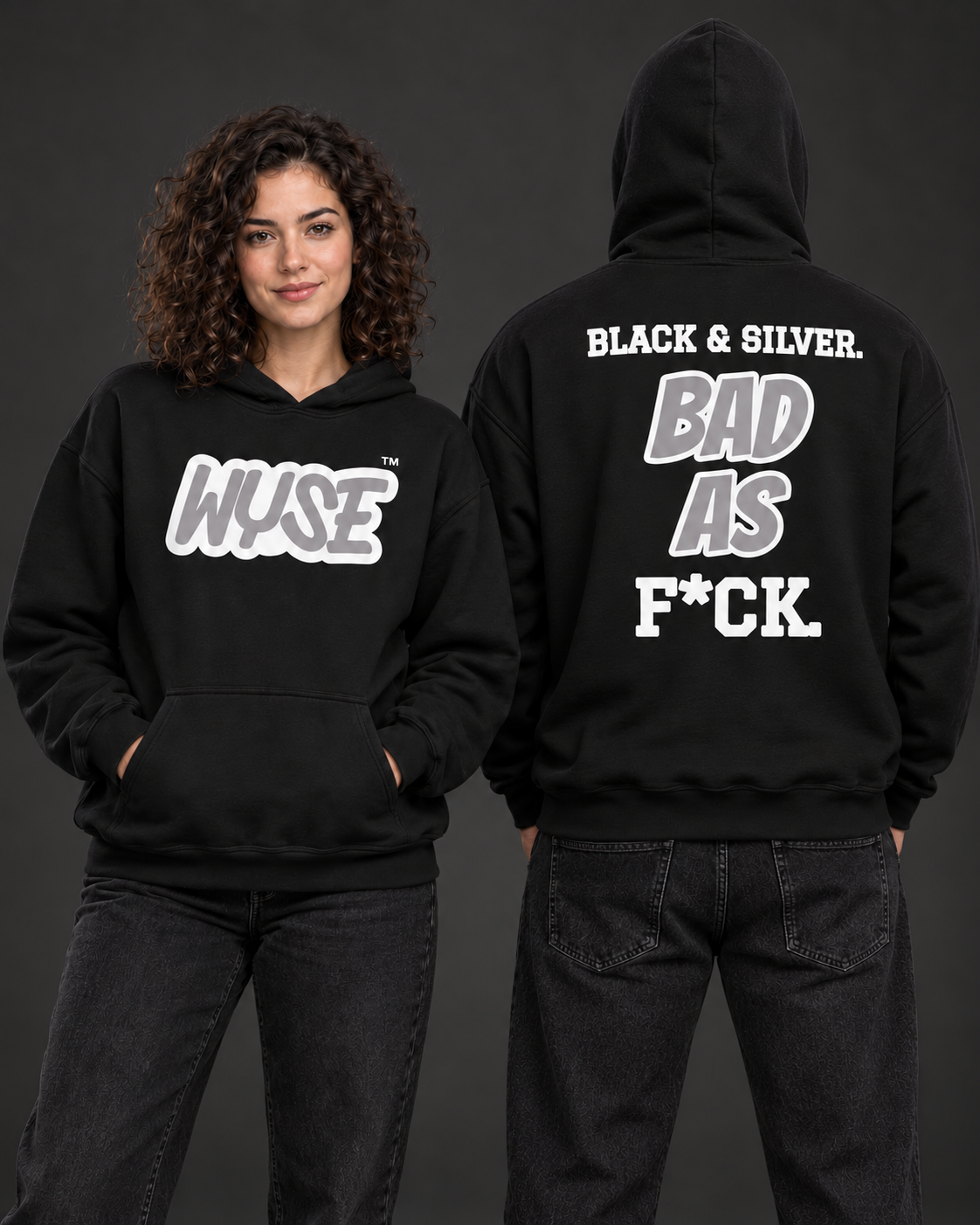 WYSE Las Vegas Raiders fan hoodie in black, woman showing sport grey WYSE front logo and athletic man facing fully away with compact Black And Silver back print.