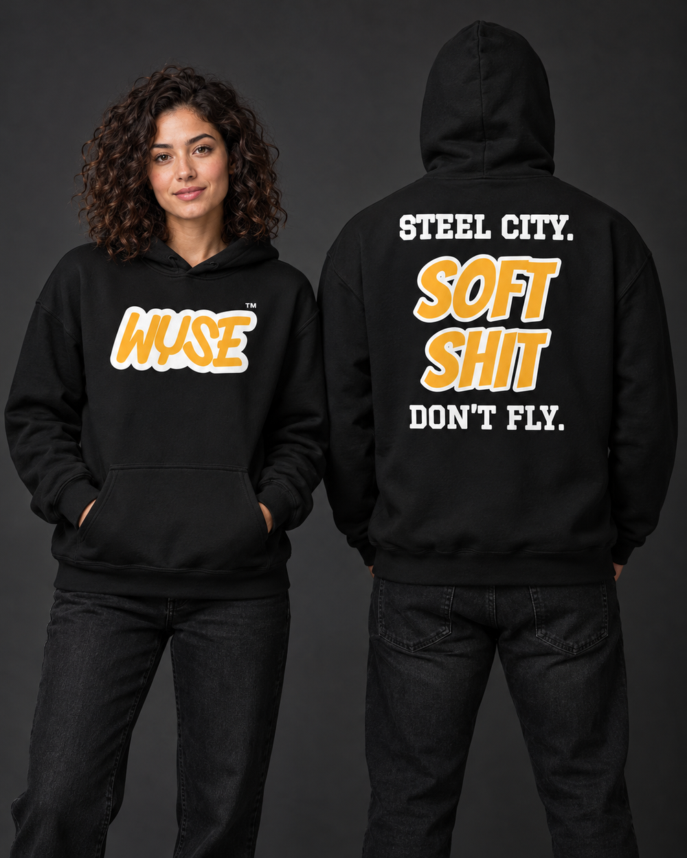 Pittsburgh Steelers fan hoodie in black, shown from the front and back with gold WYSE chest artwork.