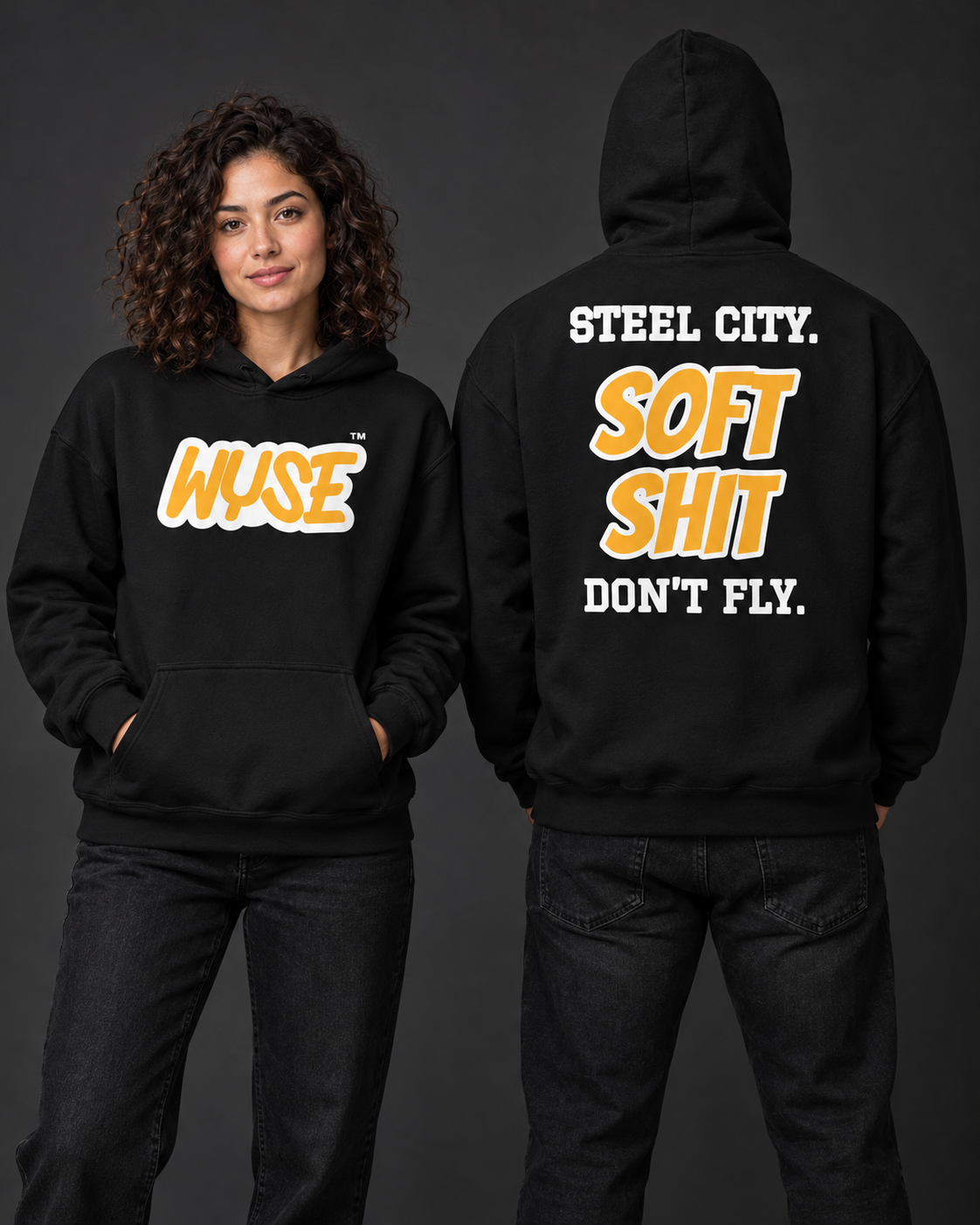 Pittsburgh Steelers fan hoodie in black, shown from the front and back with gold WYSE chest artwork.