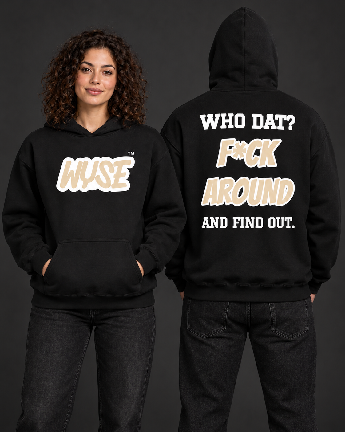 New Orleans Saints black fan hoodie, woman front and athletic man fully back, hood up.