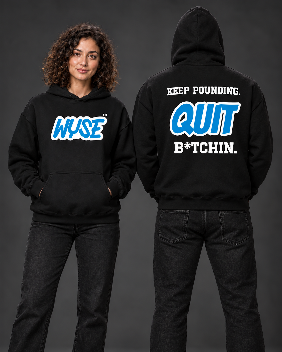 Carolina Panthers Fan Hoodie, female front and athletic male fully back, hood up.