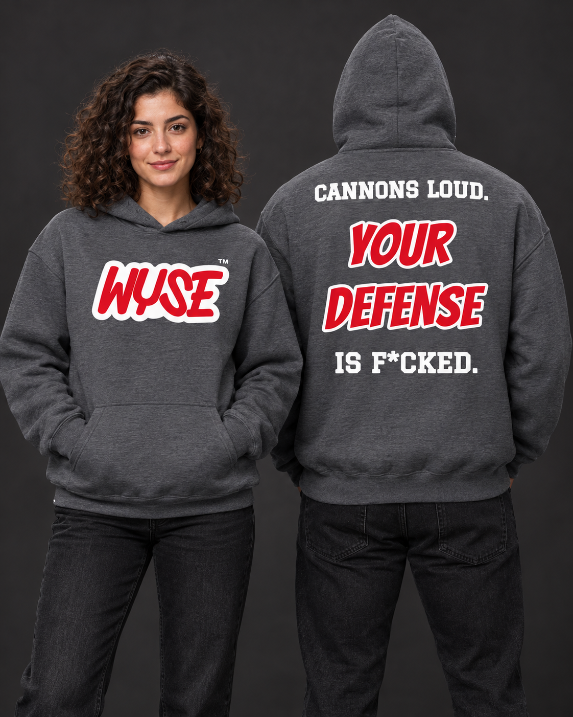 Tampa Bay Buccaneers fan hoodie in dark heather, shown from the front and back with red WYSE chest artwork.