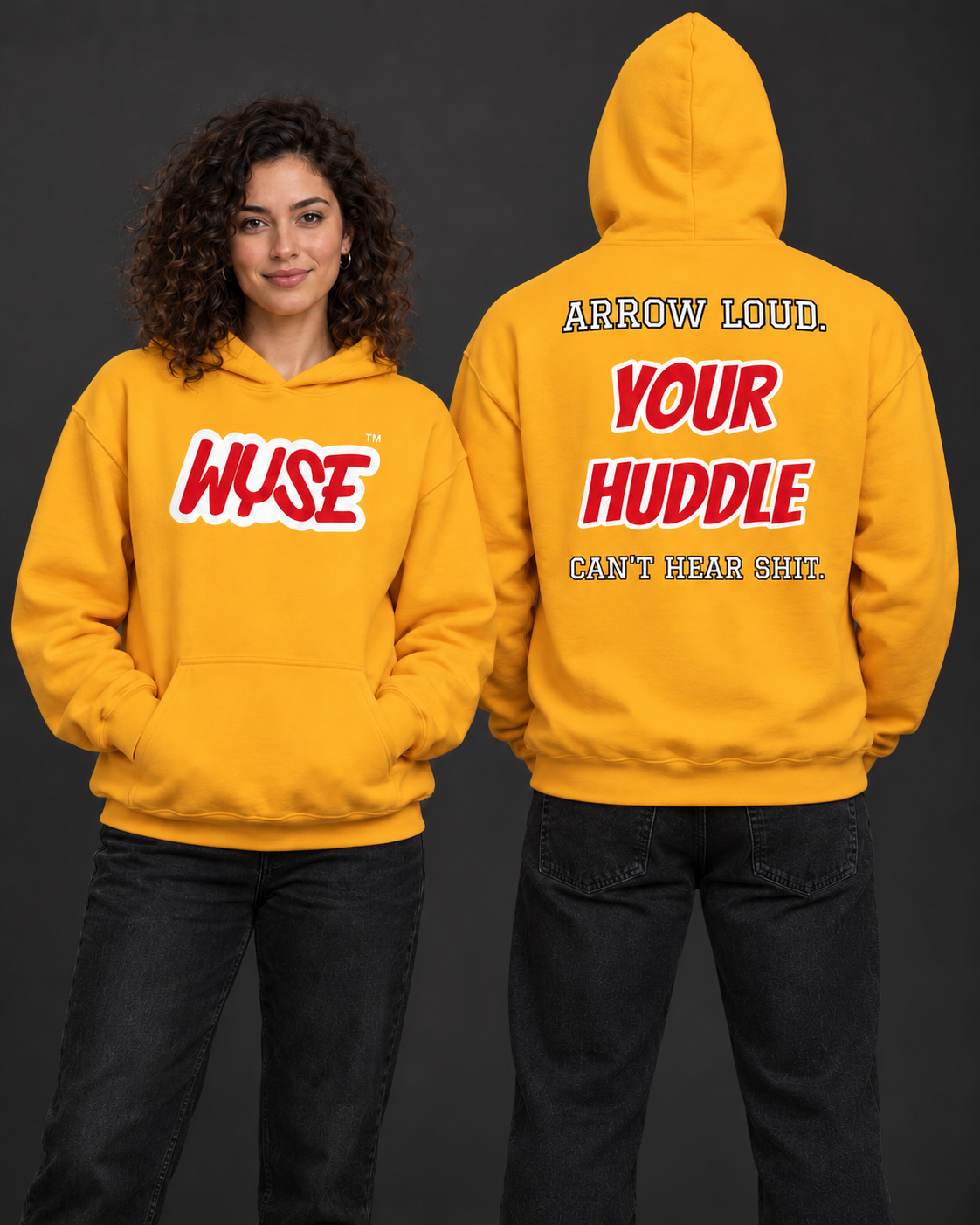 WYSE Kansas City Chiefs fan hoodie in gold, woman showing red WYSE front logo and athletic man fully facing away showing Arrow Loud back print.
