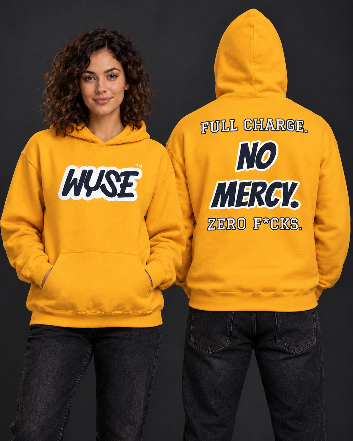 WYSE Los Angeles Chargers fan hoodie in gold, woman showing navy WYSE front logo and athletic man facing fully away showing Full Charge No Mercy back print.