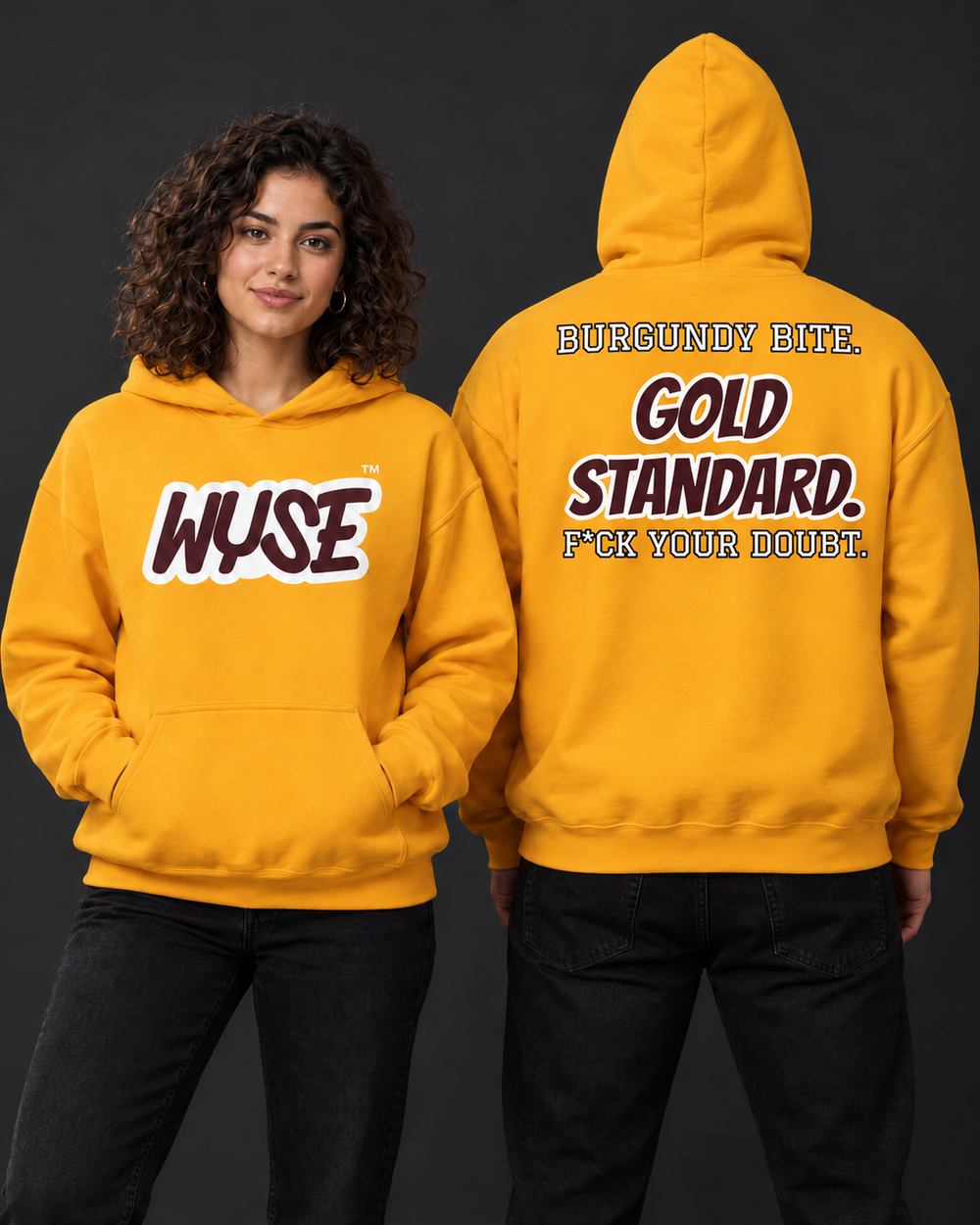 Washington Commanders gold fan hoodie, woman front and athletic man fully back, hood up, compact back lettering.