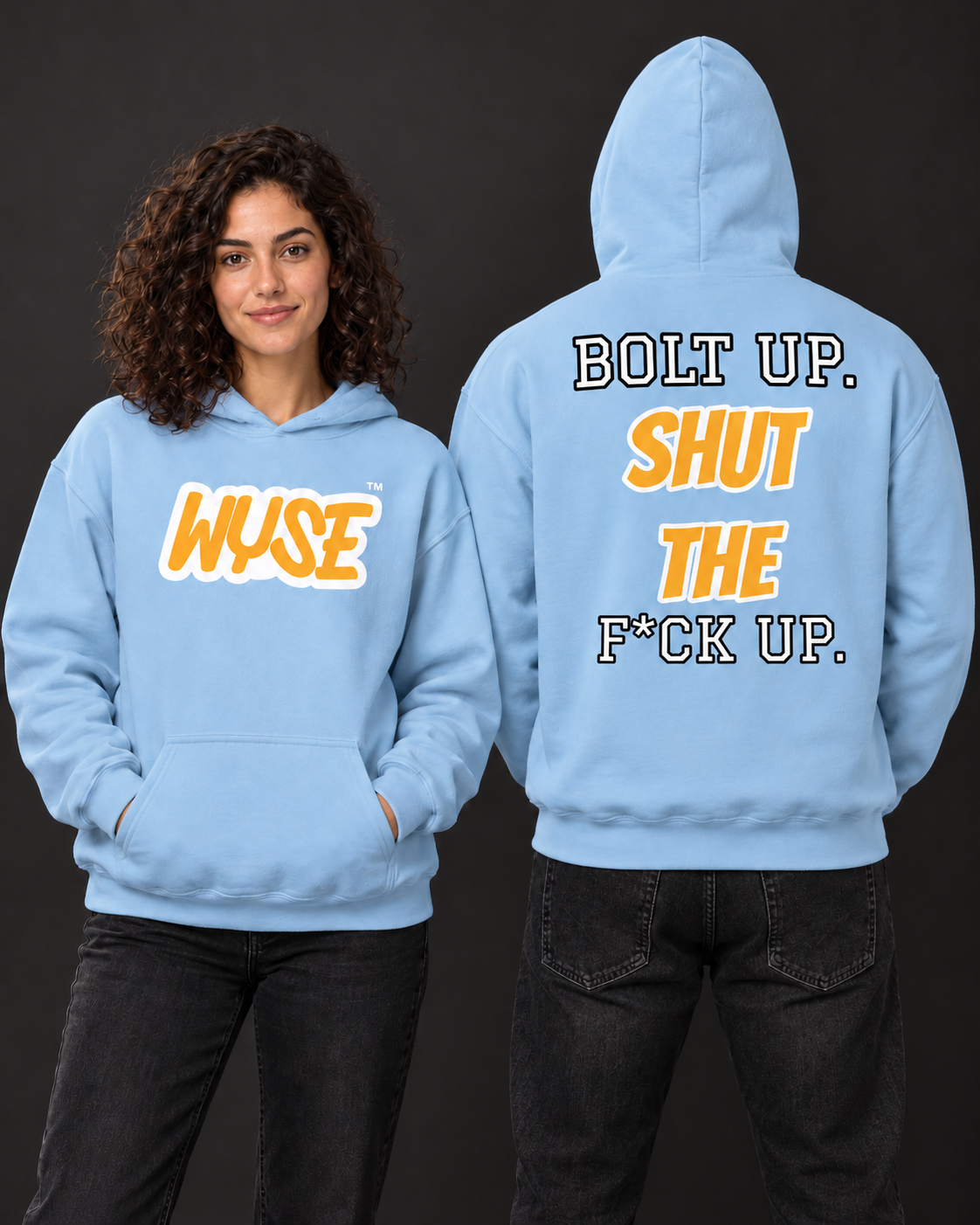 WYSE Los Angeles Chargers fan hoodie in light blue, woman showing gold WYSE logo and athletic man facing fully away showing Bolt Up back print.
