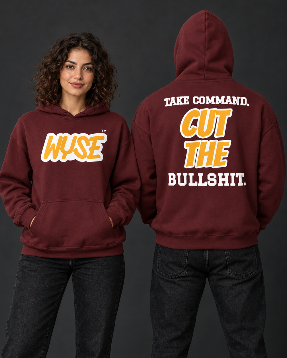 Washington Commanders fan hoodie in maroon, shown from the front and back with gold WYSE chest artwork.