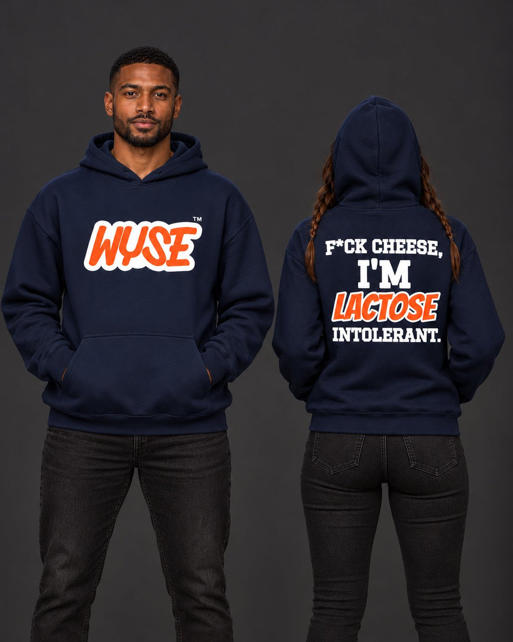 Navy Chicago Bears fan hoodie, athletic male front and female back.