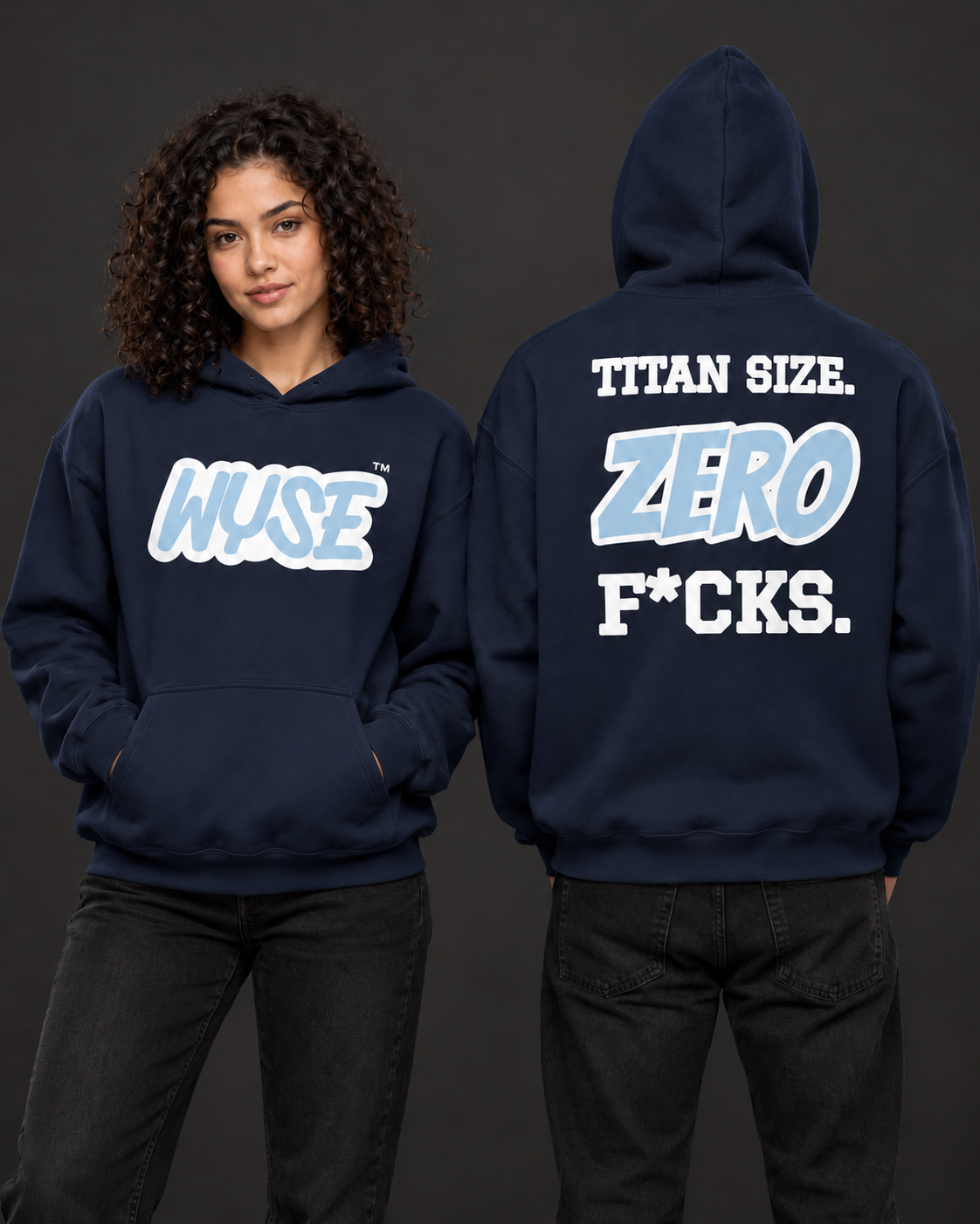 WYSE Tennessee Titans fan hoodie in navy, woman front and athletic man fully facing away with compact Titan Size Zero F*cks back lettering.
