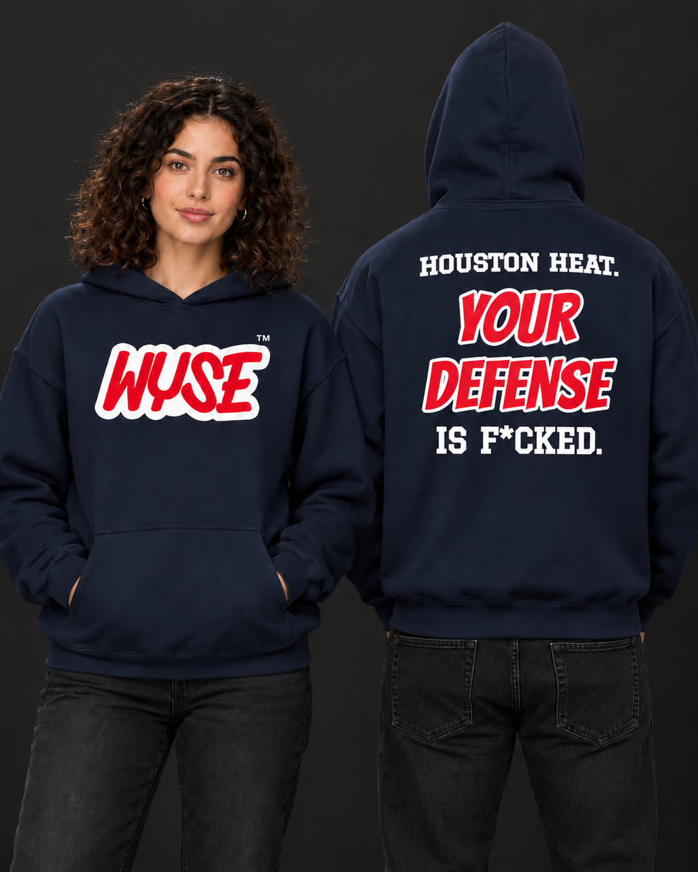 WYSE Houston Texans fan hoodie in navy, woman showing red front WYSE logo and athletic man fully facing away with compact Houston Heat back lettering.