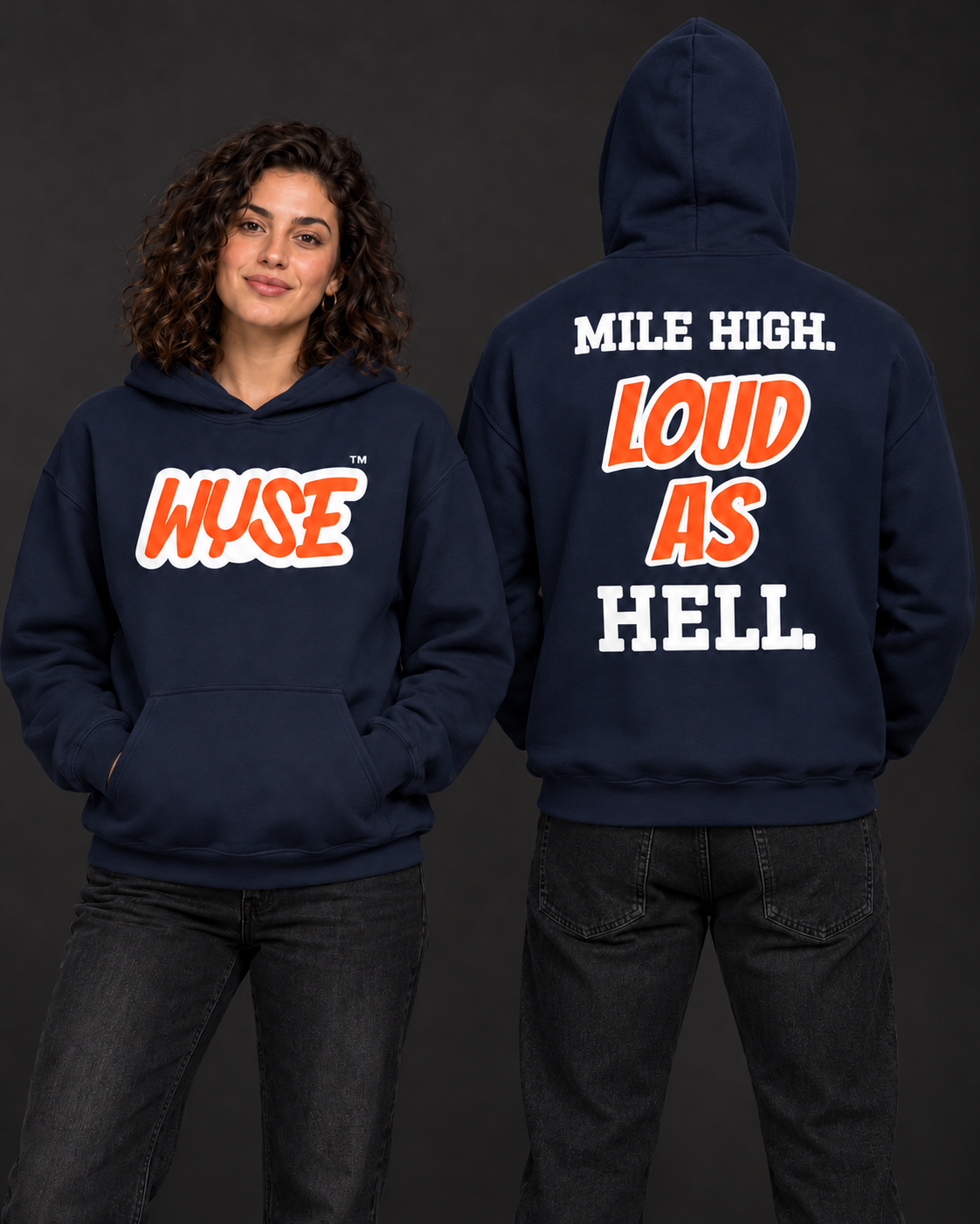 Denver Broncos Fan Hoodie, navy; female front and athletic male fully back, hood up.