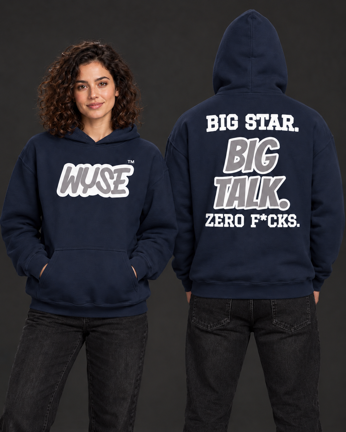 Dallas Cowboys Fan Hoodie, navy; female front and athletic male fully back, hood up.