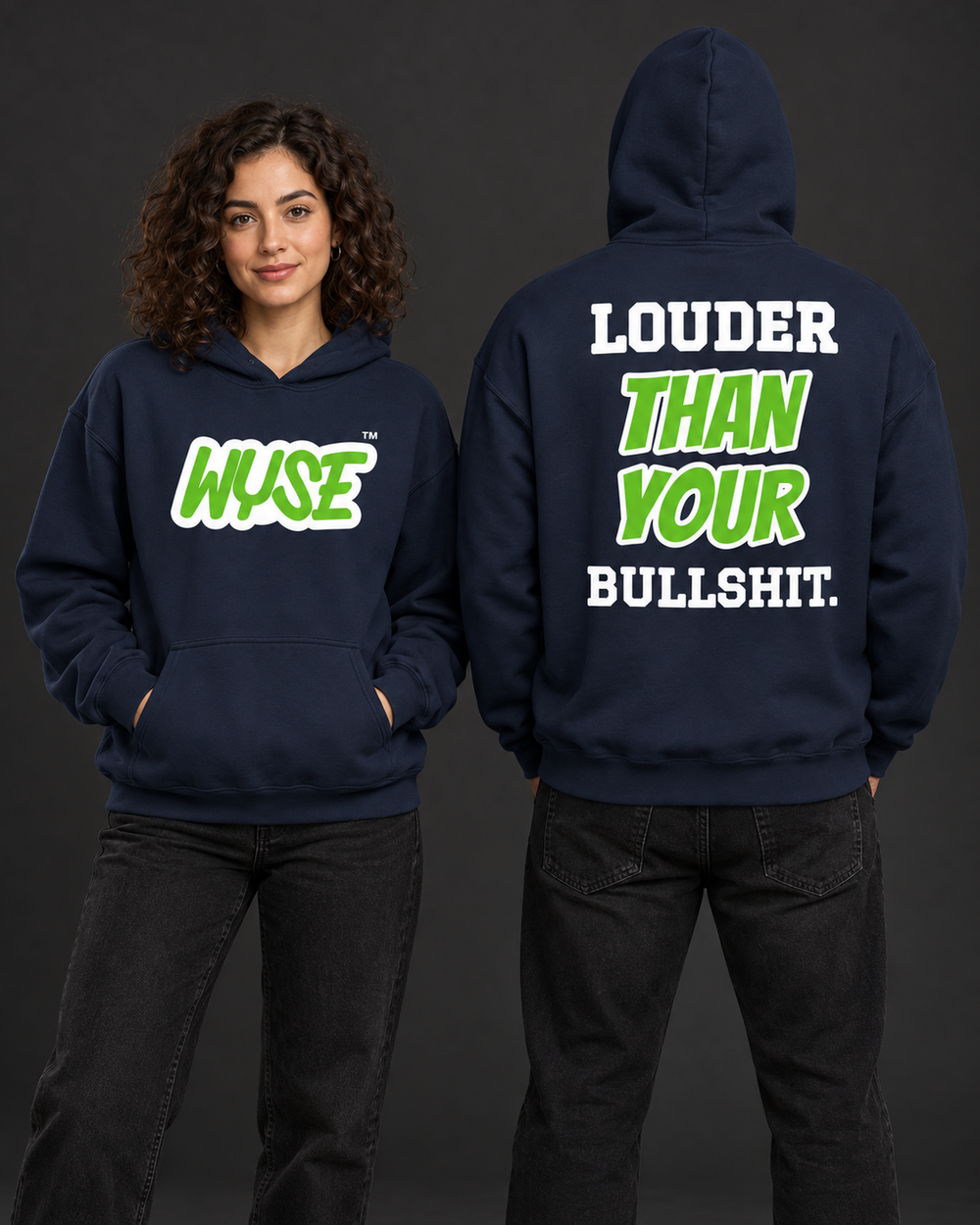 Seattle Seahawks fan hoodie in navy, shown from the front and back with action green WYSE chest artwork.