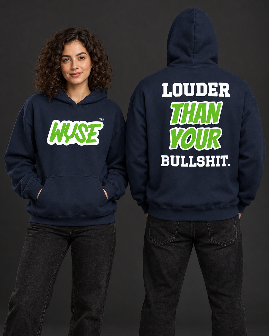 Seattle Seahawks fan hoodie in navy, shown from the front and back with action green WYSE chest artwork.