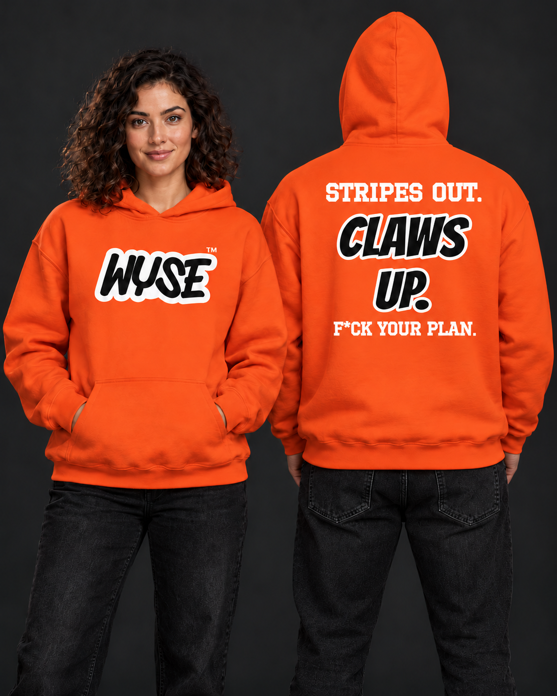 WYSE Cincinnati Bengals fan hoodie in orange, woman showing black WYSE front logo and athletic man fully facing away with compact Stripes Out Claws Up back lettering.